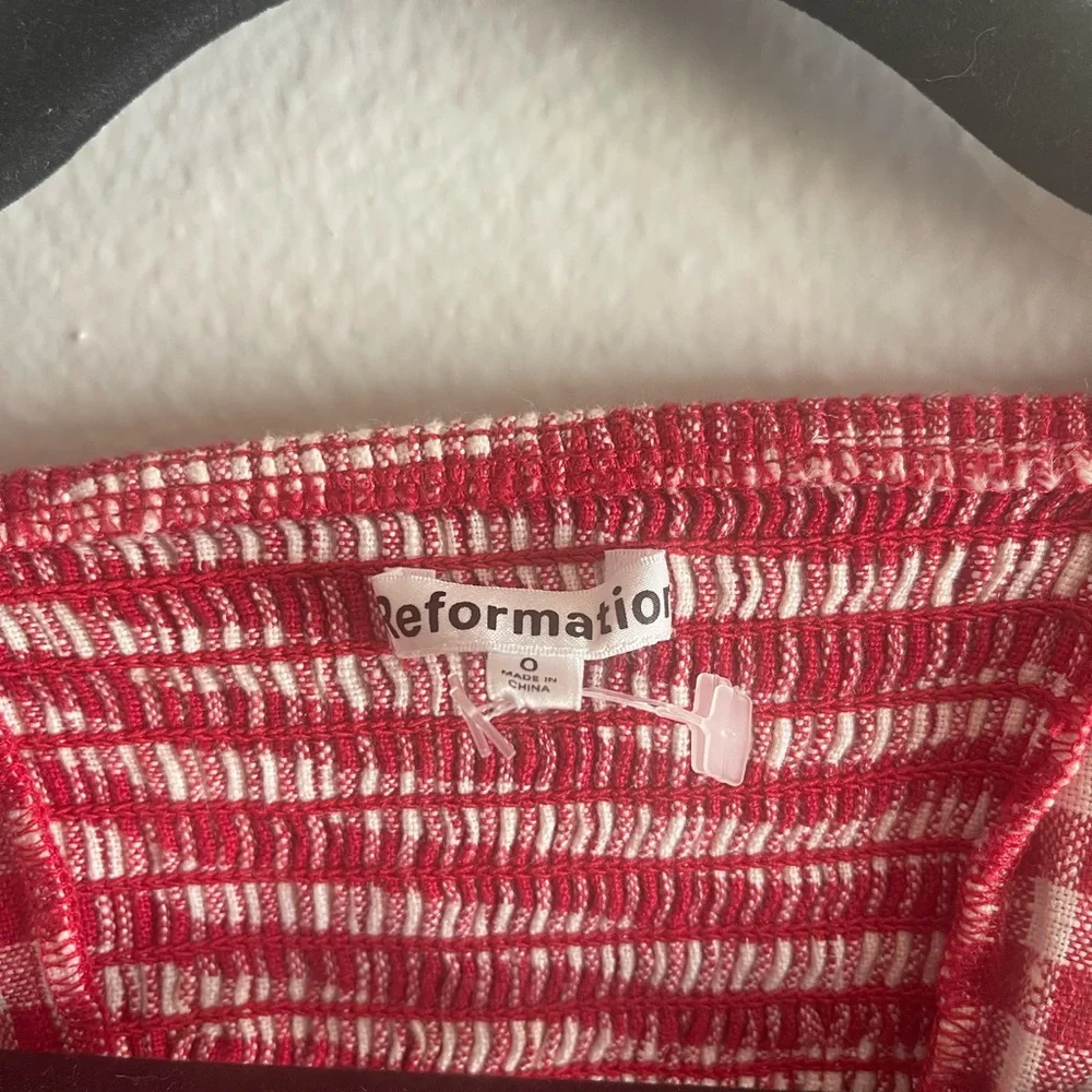 Reformation Red Gingham Puff-Sleeve Square-Neck linen Top